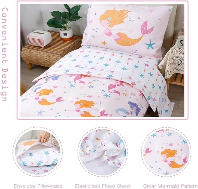 PERFEMET Toddler Bedding Sets Girls 4 Pieces Pink Mermaid Toddler Bed in A Bag Soft Reversible Blush Toddler Bed Set Include Comforter, Flat Sheet, Fitted Sheet, Pillowcase