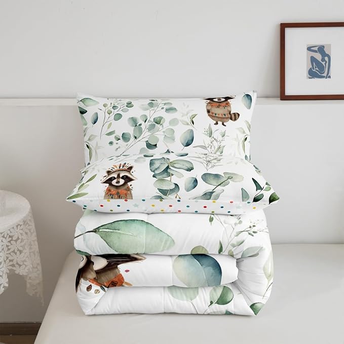 Erosebridal Cute Raccoon Toddler Size Comforter Set for Kids Child Green Eucalyptus Bedding Set, Woodland Animal Down Comforter Botanical Plant Leaves Bed Set, Cartoon Wildlife Quilted Duvet