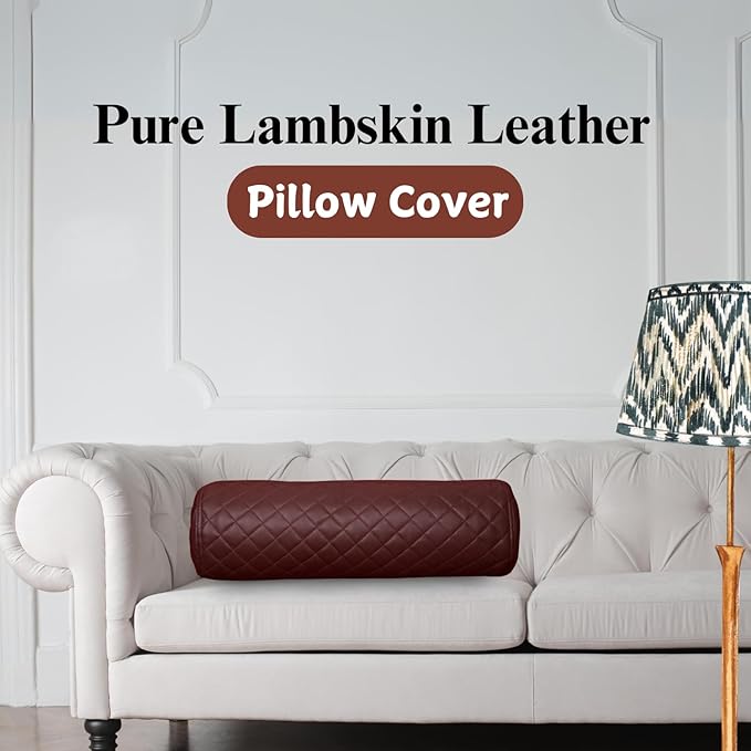 Neck Roll Pillow Cushion Cover, 20x6 Inch Full Moon Round Bolster Pillow Case, Cylinder Soft Lambskin Leather Pillowcase for Head, Spine & Neck Support During Sleep - Quilted Dark Brown Pack of 2