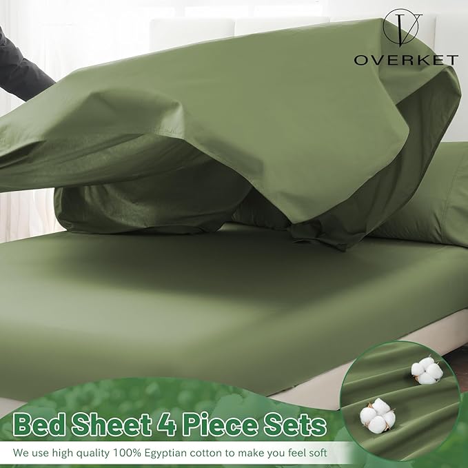 100% Egyptian Cotton Sheets King Size 1000 Thread Count Sateen Weave Soft Breathable 16-Inch Deep Pocket 4PCS（King,Olive Green）