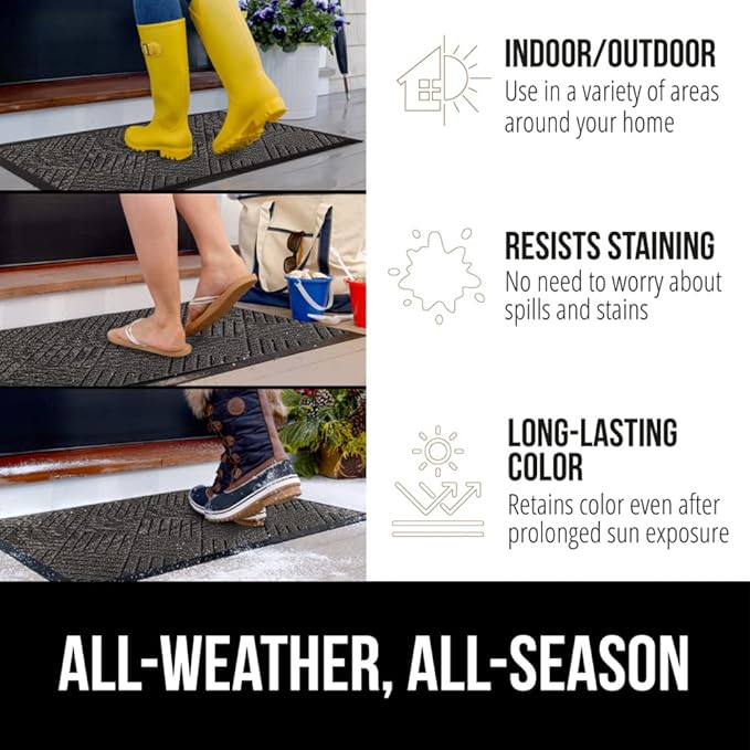 GORILLA GRIP 100% Waterproof All-Season WeatherMax Doormat US Designed Natural Rubber, Stain Fade Resistant, Low Profile Indoor Outdoor Door Mats, Easy Clean, 17x29 Gray Diamond