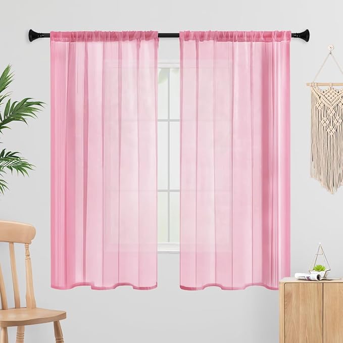 Sheer Curtains 54 Inches Long 2 Panels, Rod Pocket Short Curtain for Kitchen, Bedroom, Cafe Window(Pink 38" W x 54" L)