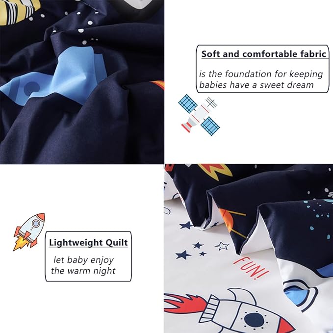 PERFEMET Twin Comforter Set 4 Piece Kids Space Rockets Comforter Bed in A Bag Soft Reversible Dark Blue Outer Space Themed Bed Set(Dark Blue, Planet/Rocket)