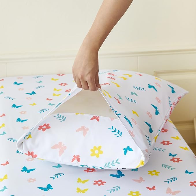 PERFEMET 5 Pieces Girls Bed in A Bag Full Size Reversible Pink Flowers Butterfly Comforter Set with Sheet Soft Lightweight Botanical Floral Bedding Set for Kids Teen(White, Full)
