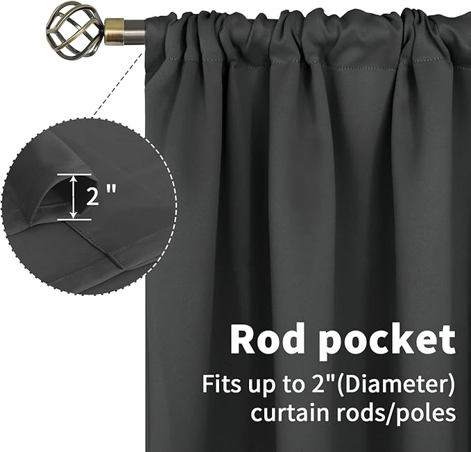 BGment Rod Pocket Grey Blackout Curtains 72 Inches Long - Thermal Insulated Room Darkening Curtain for Bedroom, 42 x 72 Inch, 2 Panels, Dark Grey