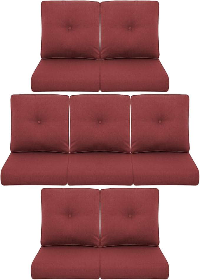 7-Piece Outdoor Patio Cushion Set - Fade & Water Resistant with Removable Olefin Cover, 22x24x4 Inch Memory Foam Cushions for Wicker Sectional Sof - Red/Buckle