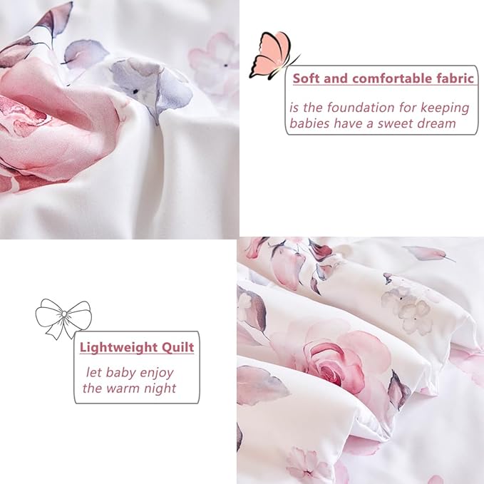 PERFEMET Floral Toddler Bedding 4-Piece Pink Flower Toddler Girls Comforter with Sheet Set Reversible Butterfly Kid Bed Sets-Comforter, Fitted Sheet,Flat Sheet,Pillowcase