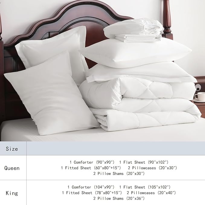 NTBAY King Comforter Set with Sheets, 7 Pieces Soft and Breathable King Bedding Set, Bed in a Bag, Down Alternative Comforter Set Solid Color All Season, King Bedding Set, White