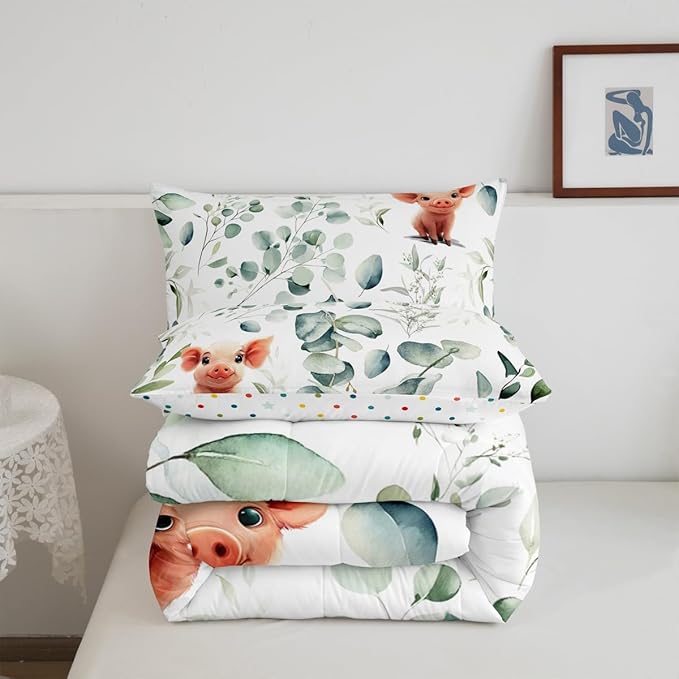 Erosebridal Kawaii Pig Bedding Full Size for Boys Girls Cartoon Animal Comforter Set Full, Eucalyptus Leaves Duvet Insert Farm Wildlife Quilt Comforter, Tropical Plants Bedding Comforters & Sets