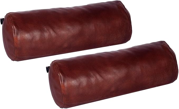 Neck Roll Pillow Cushion Cover, 18x5 Inch Full Moon Round Bolster Pillow Case, Cylinder Soft Lambskin Leather Pillowcase for Head, Spine & Neck Support During Sleep - Tan Pack of 2