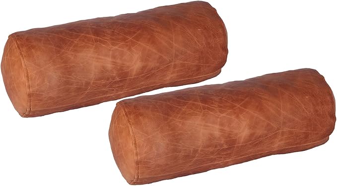 Neck Roll Pillow Cushion Cover, 22x7 Inch Full Moon Round Bolster Pillow Case, Cylinder Soft Lambskin Leather Pillowcase for Head, Spine & Neck Support During Sleep - Beige Artical Pack of 2