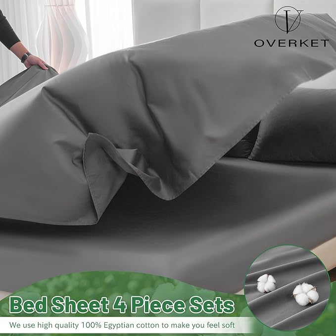 100% Egyptian Cotton Sheets Cal King Sheet Set 4PCS 1000 Thread Count Sateen Weave Soft Breathable 16-Inch Deep Pocket（California King,Dark Grey）