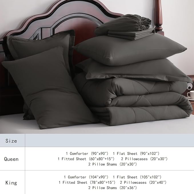 NTBAY Queen Comforter Set with Sheets, 7 Pieces Soft and Breathable Queen Bedding Set, Bed in a Bag, Down Alternative Comforter Set Solid Color All Season, Queen Bedding Set, Dark Grey