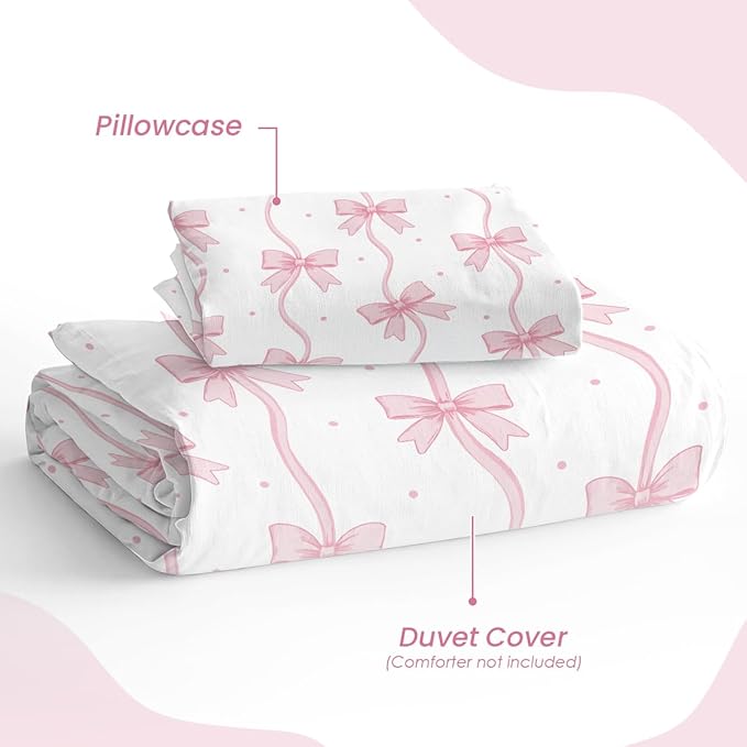 SANDJEST Bow Duvet Cover Sets Twin Size for Kids Girls, Include 1 Polyester Comforter Cover 68x86 Inches and 1 Pillowcase 20x26 Inches, Comforter Not Included, Gift for Christmas Birthday