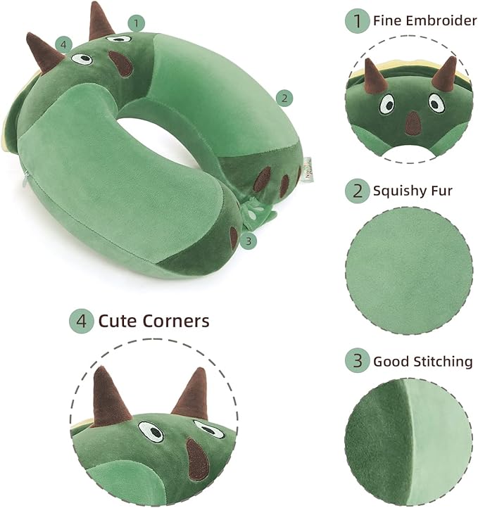 Niuniu Daddy Kids Travel Pillow - Soft Memory Foam Neck Pillow for Airplane, Car, Train Travel - Green Dinosaur Design for Boys & Girls (9-12 Years)