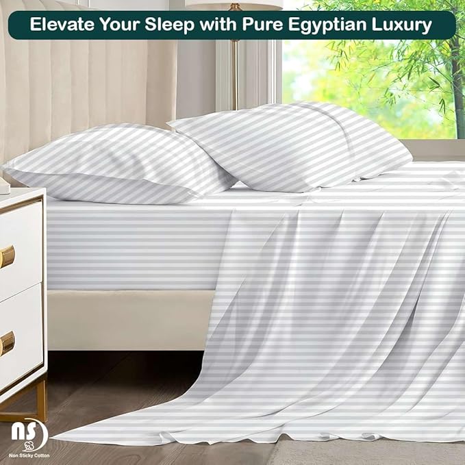 NON Sticky cotton Twin Size Sleeper Sofa Sheets, 4 Piece Egyptian Cotton Bed Sheet Set for Sofa Bed, 7" Deep Pocket for Pull Out Couch Mattress, 39" x 75", White Stripe, Soft & Breathable
