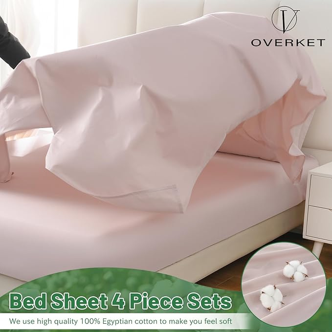 100% Egyptian Cotton Sheets Cal King Sheet Set 4PCS 1000 Thread Count Sateen Weave Soft Breathable 16-Inch Deep Pocket（California King,Light Pink）