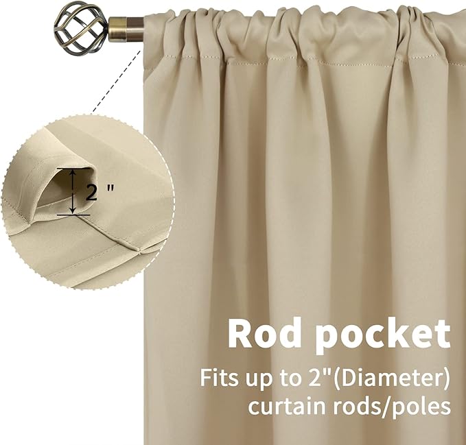 BGment Beige Room Darkening Curtains for Bedroom - Rod Pocket 63 Inches Length Thermal Insulated Blackout Window Drapes for Living Room, 52 x 63 Inch, 2 Panels