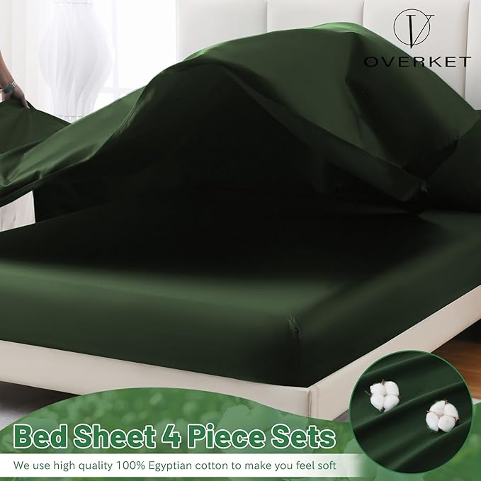 100% Egyptian Cotton Sheets King Size 4PCS 1000 Thread Count Sateen Weave Soft Breathable 16-Inch Deep Pocket （King,Forest Green）