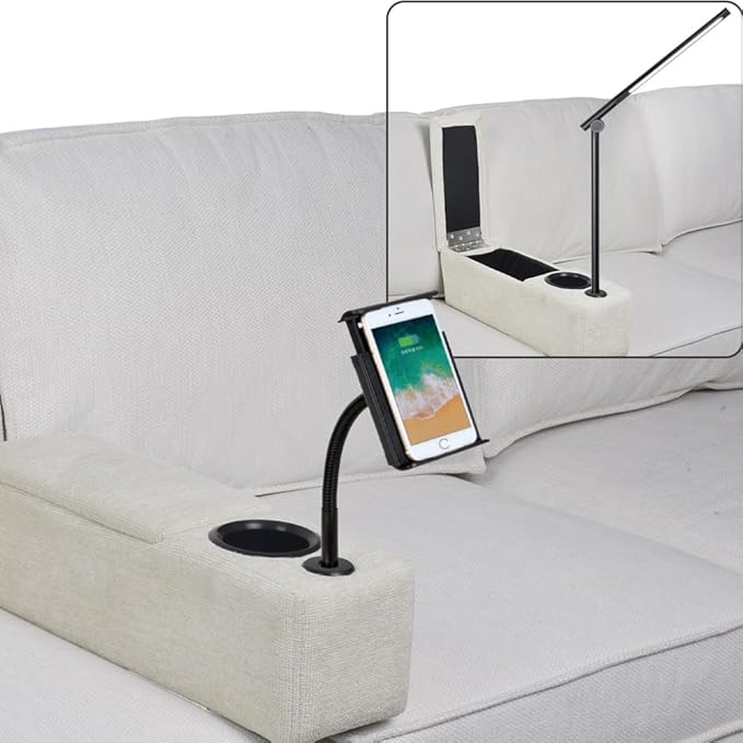 Multifunctional Removable Sofa Armrest with Cup Holder, Couch Armrest with Wireless Charge Stand, Couch Caddy with Storage,Equipped with LED Reading Light, Almond