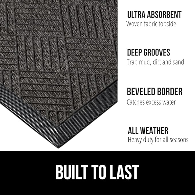 GORILLA GRIP 100% Waterproof All-Season WeatherMax Doormat, 72x24, US Designed Natural Rubber, Stain and Fade Resistant, Low Profile Indoor Outdoor Door Mats, Easy Clean Patio Mat, Gray Diamond