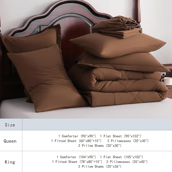 NTBAY King Comforter Set with Sheets, 7 Pieces Soft and Breathable King Bedding Set, Bed in a Bag, Down Alternative Comforter Set Solid Color All Season, King Bedding Set, Brown