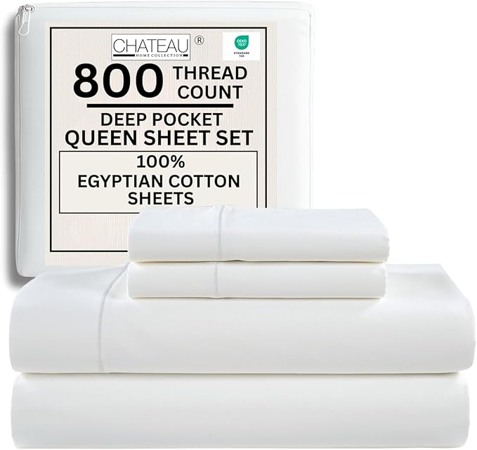 100% Egyptian Cotton Sheets Queen Size Bed Set, Deep Pocket Queen Sheet set, 800 Thread Count Cotton Bed Sheets, Naturally Cool Soft Breathable No Pill Elasticated Luxury White Bedding For All Seasons