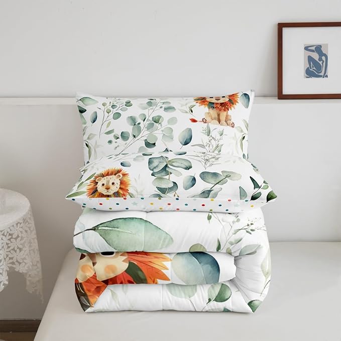 Erosebridal Cute Lion Full Comforter Set for Kids Child Green Eucalyptus Bedding Set Full, Woodland Animal Bedding Comforter Sets Botanical Plant Leaves Duvet Set, Cartoon Wildlife Quilted Comforter