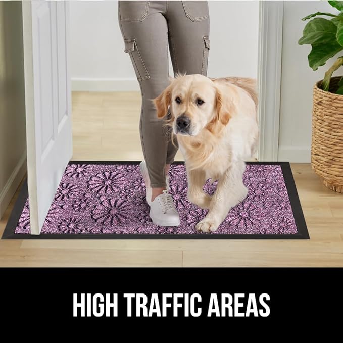 GORILLA GRIP 100% Waterproof All-Season WeatherMax Doormat, Durable Natural Rubber, Stain and Fade Resistant, Low Profile, Indoor Outdoor Door Mats, Easy Clean Entry Mat, 17x29, Purple Confetti Daisy