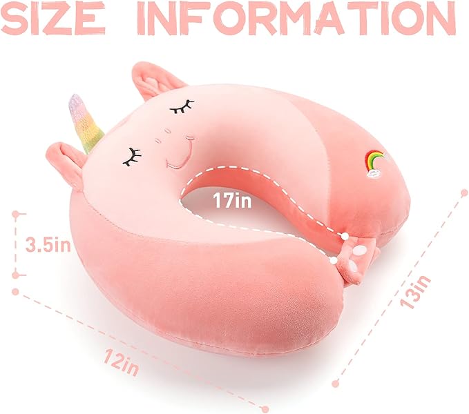 Niuniu Daddy Neck Pillow for Traveling, Pure Memory Foam Travel Neck Support Pillows for Airplane, Car Headrest Sleep - Age 8+ Children Kids Including Adults - Unicorn Travel Pillow