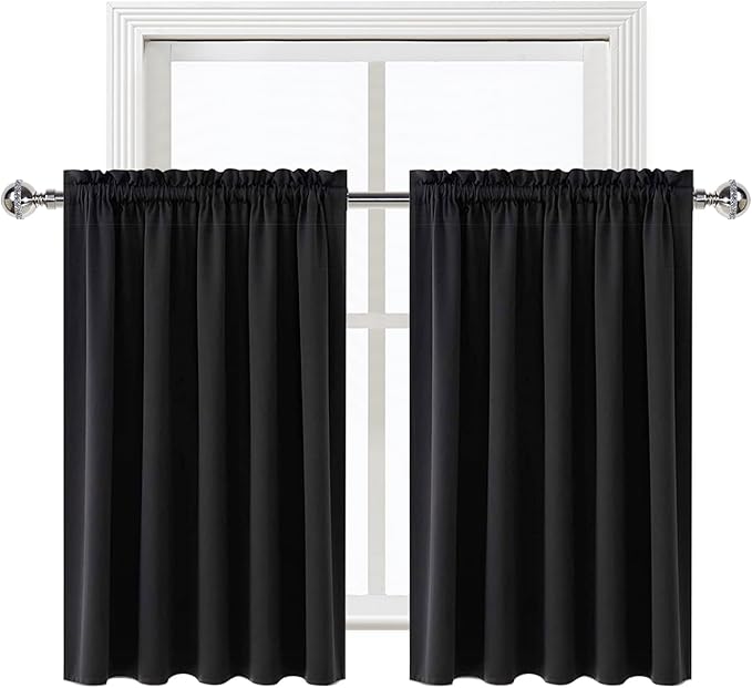 DWCN Blackout Curtains for Living Room Thermal Insulated, Energy Saving & Noise Reducing Bedroom Curtains, Black, W 52x L 36 Inch, Set of 2 Rod Pocket Curtain Panels