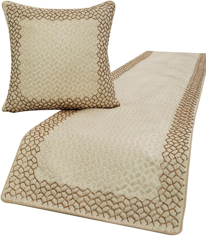 The HomeCentric King/Queen/Twin Ivory & Gold Decorative Full 68"x18" Bed Runner with Pillow Cover, Mosaic & Beaded Bed Scarf on Jacquard Fabric - Tessellation
