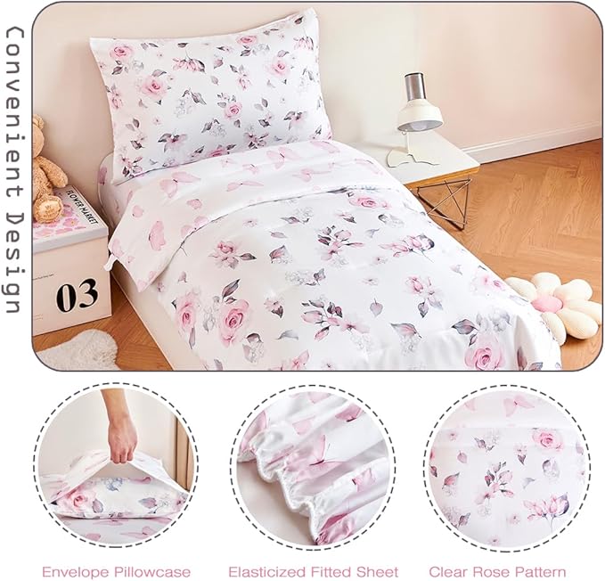 PERFEMET Floral Toddler Bedding 4-Piece Pink Flower Toddler Girls Comforter with Sheet Set Reversible Butterfly Kid Bed Sets-Comforter, Fitted Sheet,Flat Sheet,Pillowcase
