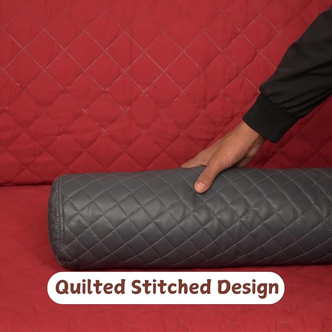 Neck Roll Pillow Cushion Cover, 14x5 Inch Full Moon Round Bolster Pillow Case, Cylinder Soft Lambskin Leather Pillowcase for Head, Spine & Neck Support During Sleep - Quilted Charcoal Grey Pack of 2