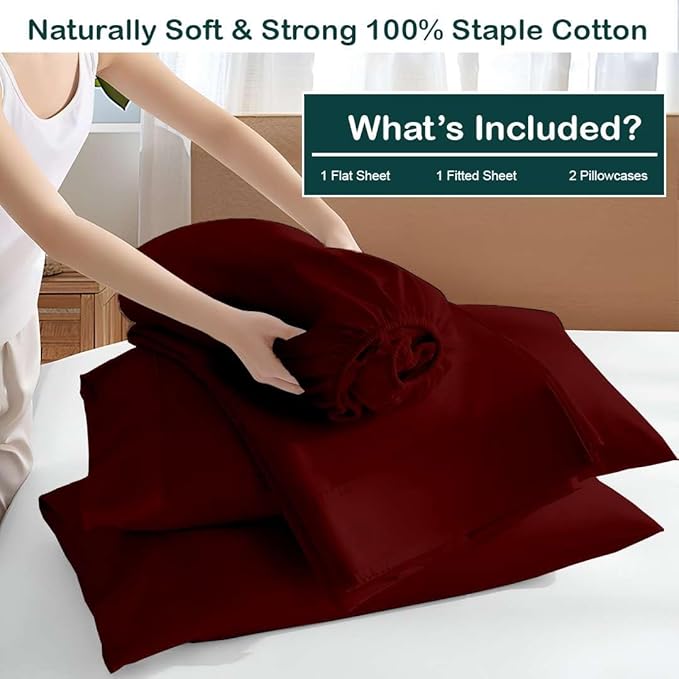 NON Sticky cotton Queen Size Sleeper Sofa Sheets, 4 Piece Egyptian Cotton Bed Sheet Set for Sofa Bed, 10" Deep Pocket for Pull Out Couch Mattress, 60" x 75", Burgundy Solid, Soft & Breathable