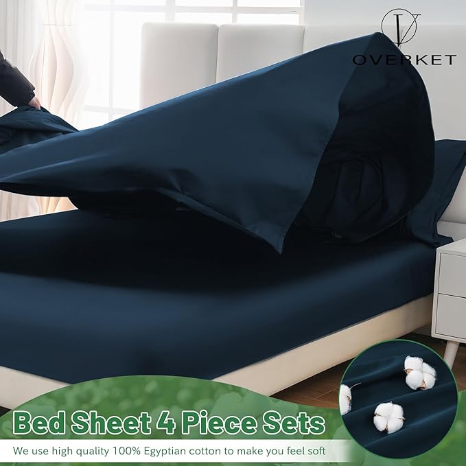100% Egyptian Cotton Sheets King Size 4PCS 1000 Thread Count Sateen Weave Soft Breathable 16-Inch Deep Pocket （King,Navy）