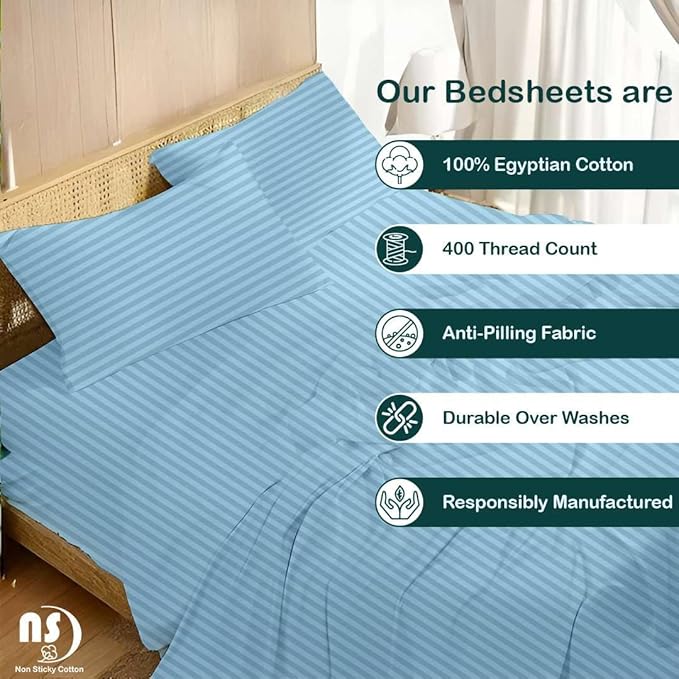 NON Sticky cotton Queen Size Sleeper Sofa Sheets, 4 Piece Egyptian Cotton Bed Sheet Set for Sofa Bed, 10" Deep Pocket for Pull Out Couch Mattress, 60" x 75", Light Blue Stripe, Soft & Breathable