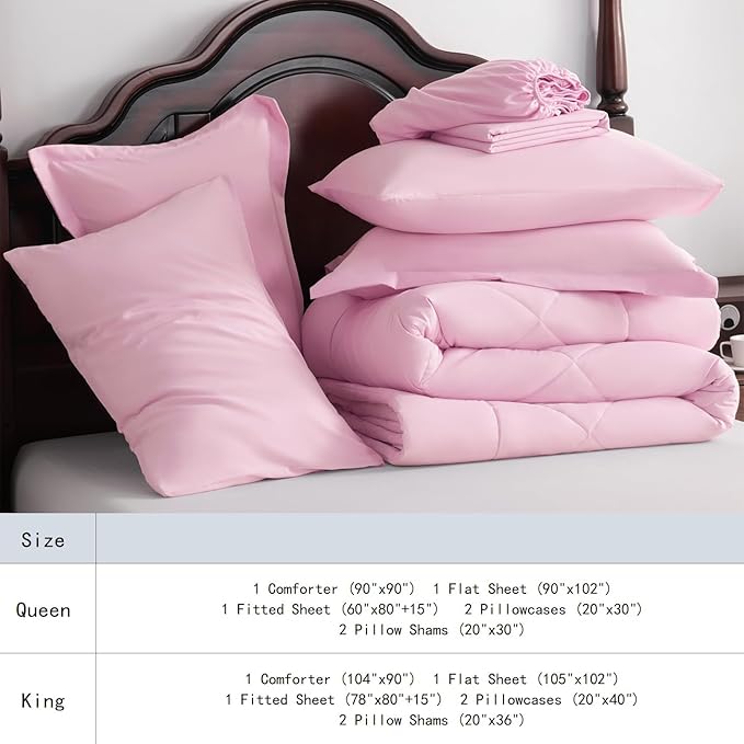 NTBAY King Comforter Set with Sheets, 7 Pieces Soft and Breathable King Bedding Set, Bed in a Bag, Down Alternative Comforter Set Solid Color All Season, King Bedding Set, Pink
