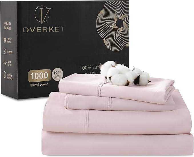 100% Egyptian Cotton Sheets King Size 1000 Thread Count Sateen Weave Soft Breathable 16-Inch Deep Pocket 4PCS（King,Light Pink）