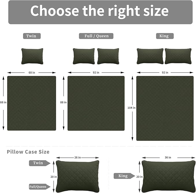 Easy-Going Full/Queen Size Reversible Quilt Set with 1 Quilt and 2 Pillow Shams, Soft Bed Quilt Cover, Water Resistant Lightweight Microfiber Bedspread, Stain Resistant, Army Green/Beige