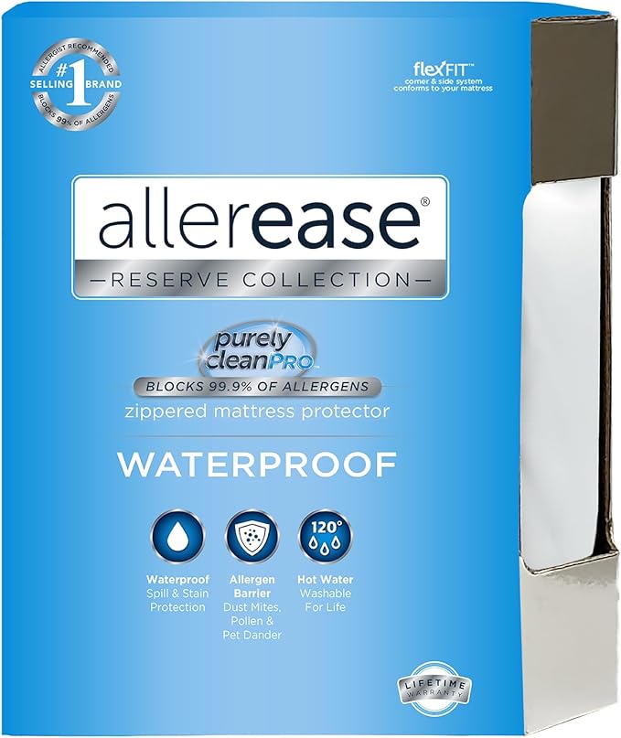 AllerEase Waterproof Mattress Protector Stain Protection King Size Allergen Barrier Hot Water Washable Machine Washable Durable Zippered Knit Cover Stretch Corners Fits Mattresses (White)