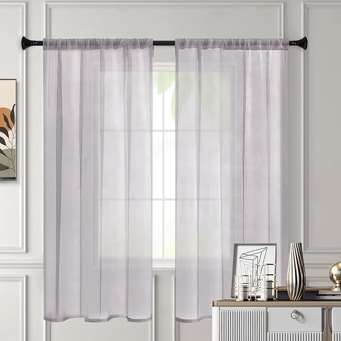 Sheer Curtains 72 Inches Long 2 Panels, Rod Pocket Short Curtain for Kitchen, Bedroom, Cafe Window(Light Grey 38" W x 72" L)