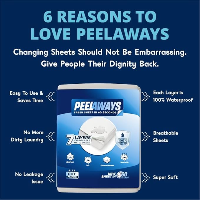 Peelaways Waterproof Disposable Bed Sheets – As Seen On Shark Tank | 7-Layer Absorbent Wellness Sheets for Elderly, Homecare, Hospital Use and Travel