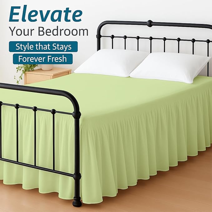 Shreem Linen Ruffled Bed Skirt with Split Corners, Gathered Style, 100% Microfiber, 28-Inch Drop, Dust Ruffle Bedskirt with Platform, Queen, Sage
