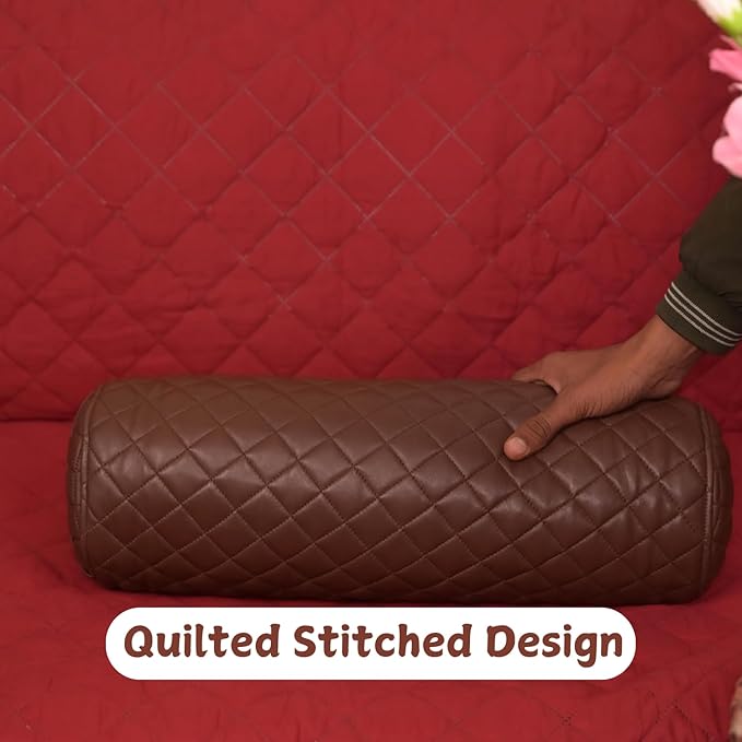 Neck Roll Pillow Cushion Cover, 20x7 Inch Full Moon Round Bolster Pillow Case, Cylinder Soft Lambskin Leather Pillowcase for Head, Spine & Neck Support During Sleep - Quilted Chocolate Brown Pack of 2