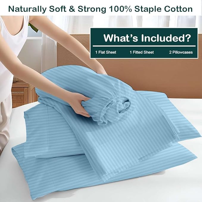 NON Sticky cotton Twin Size Sleeper Sofa Sheets, 4 Piece Egyptian Cotton Bed Sheet Set for Sofa Bed, 6" Deep Pocket Fitted Sheet for Pull Out Couch Mattress, 39" x 75", Light Blue Stripe