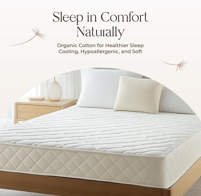 100% Cotton Organic Mattress Pad - Breathable & Cooling Mattress Protector Full Size - Premium 300GSM Quilted and Noiseless Machine Washable Organic Mattress Protector (White, Full)