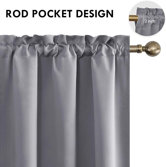 DWCN Blackout Curtains for Living Room Thermal Insulated, Energy Saving & Noise Reducing Bedroom Curtains, Grey, W 52x L 36 Inch, Set of 2 Rod Pocket Curtain Panels