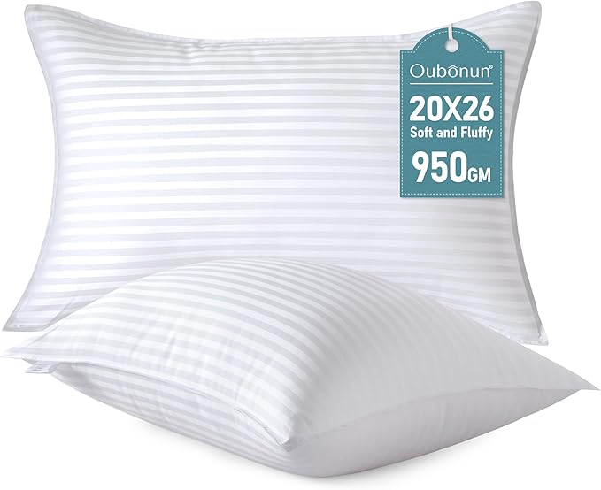 Oubonun Standard Size Pillows Set of 2 - Fluffy & Supportive Down Alternative Pillows with Zippered Cotton Cover - Breathable and Cool for All Sleeping Positions - Machine Washable - 20"x26"