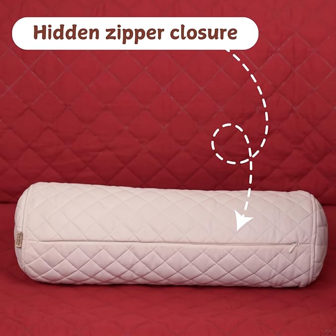 Neck Roll Pillow Cushion Cover, 20x5 Inch Full Moon Round Bolster Pillow Case, Cylinder Soft Lambskin Leather Pillowcase for Head, Spine & Neck Support During Sleep - Quilted White Pack of 1